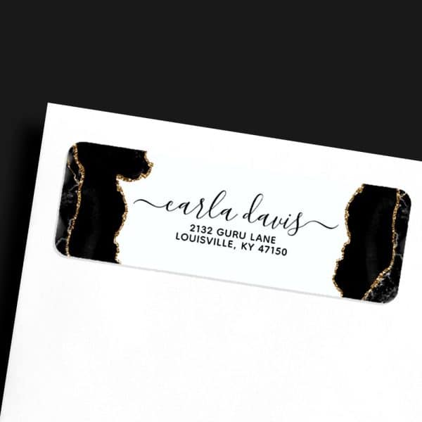 Black And Gold Return Address Label With Carla Davis'S Name And Address.