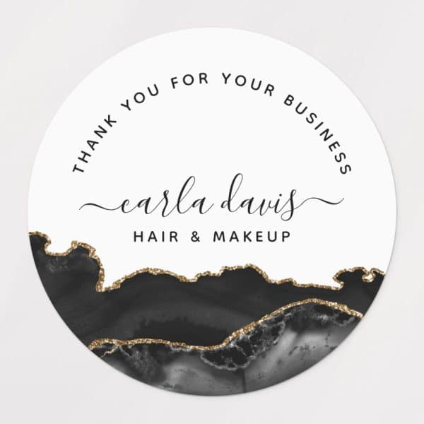 Round Thank You Sticker With Black And Gold Agate Design, Carla Davis Hair &Amp; Makeup.