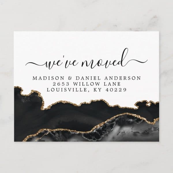 A Change Of Address Announcement With A Black And Gold Agate Design. The Announcement States Madison &Amp; Daniel Anderson'S New Address.