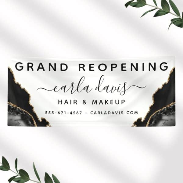 Grand Reopening Banner For Carla Davis Hair &Amp; Makeup, Featuring A Black And Gold Marble Design.