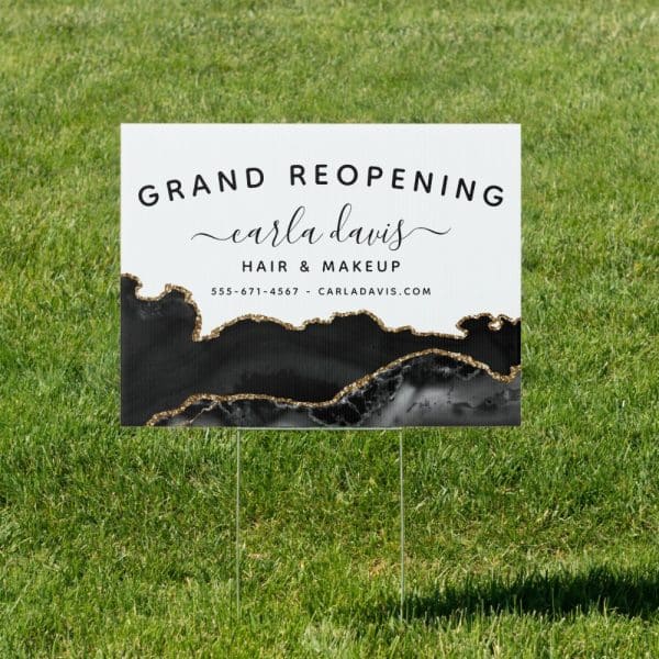 Grand Reopening Sign For Carla Davis Hair &Amp; Makeup. The Sign Features A Black And Gold Design.
