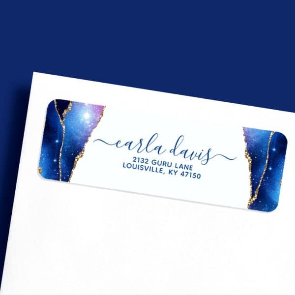 Return Address Label With A Galaxy Design In Blues And Golds, Featuring Carla Davis'S Name And Address.