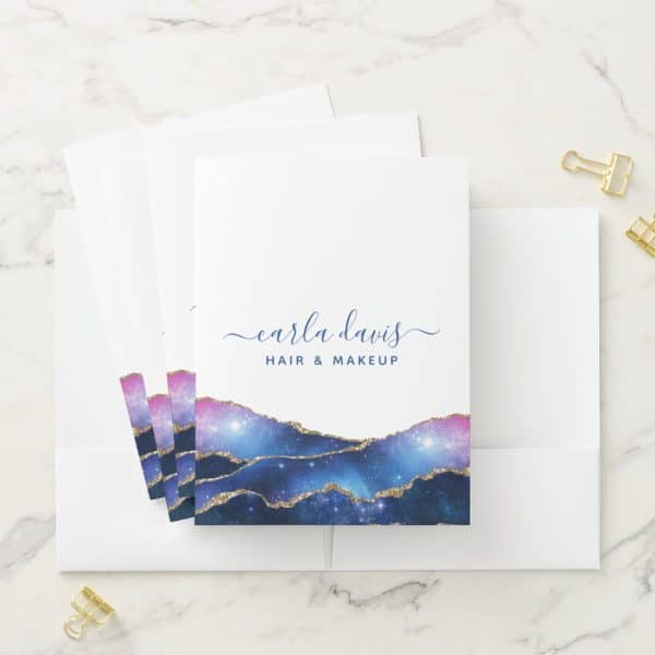 Stack Of Business Cards With A Galaxy Design And Carla Davis Hair &Amp; Makeup Text.