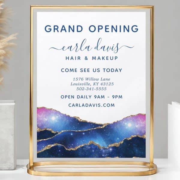 Grand Opening Sign For Carla Davis Hair &Amp; Makeup, Showing Address, Phone Number, And Website.