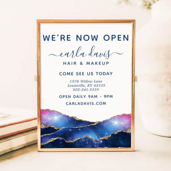 A Framed Announcement: Carla Davis Hair &Amp; Makeup Is Now Open. The Announcement Includes The Business Address, Phone Number, And Website.