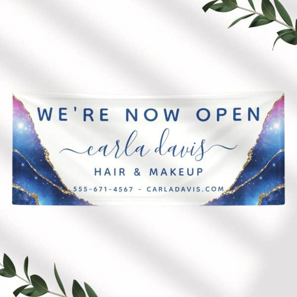 Grand Opening Banner For Carla Davis Hair &Amp; Makeup, Featuring A Galaxy-Themed Design.