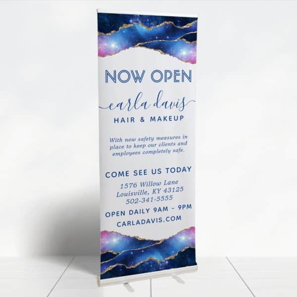 Now Open Sign For Carla Davis Hair &Amp; Makeup, Featuring A Galaxy Design.