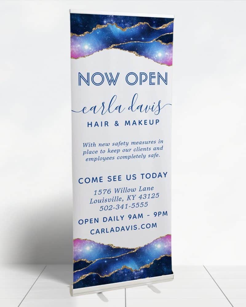 Now open sign for Carla Davis Hair & Makeup, featuring a galaxy design.