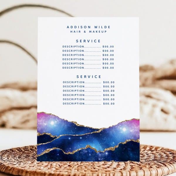 A Price List For Addison Wilde Hair &Amp; Makeup Services, Featuring A Galaxy-Themed Background With Gold Accents.