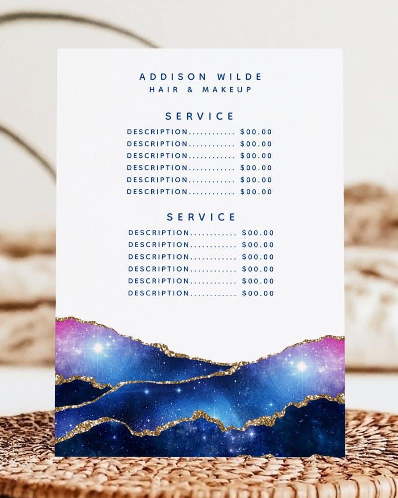 A price list for Addison Wilde Hair & Makeup services, featuring a galaxy-themed background with gold accents.