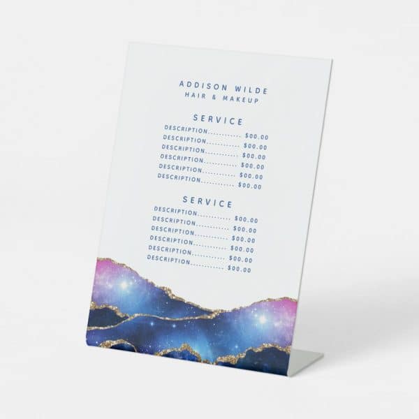 A Freestanding Price List For Addison Wilde Hair &Amp; Makeup, Featuring A Galaxy-Themed Design.