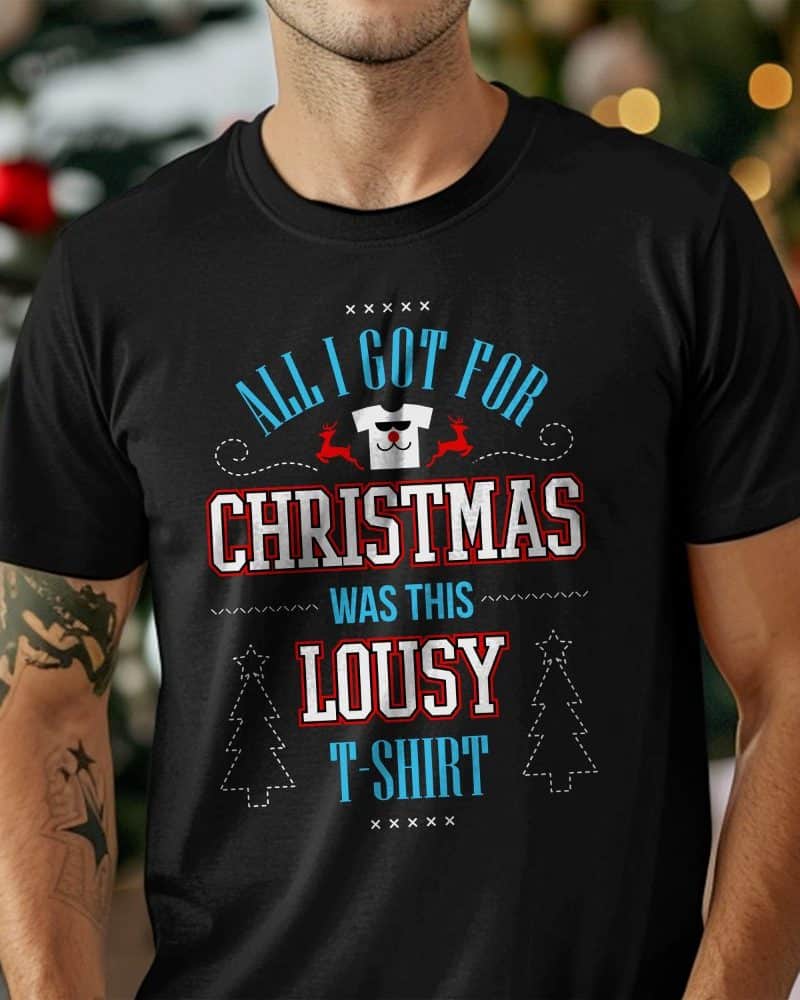 Person wearing a black T-shirt with a humorous Christmas design.