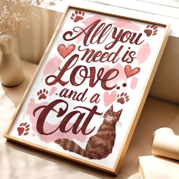 Framed Print With A Brown Cat And The Text: All You Need Is Love And A Cat.