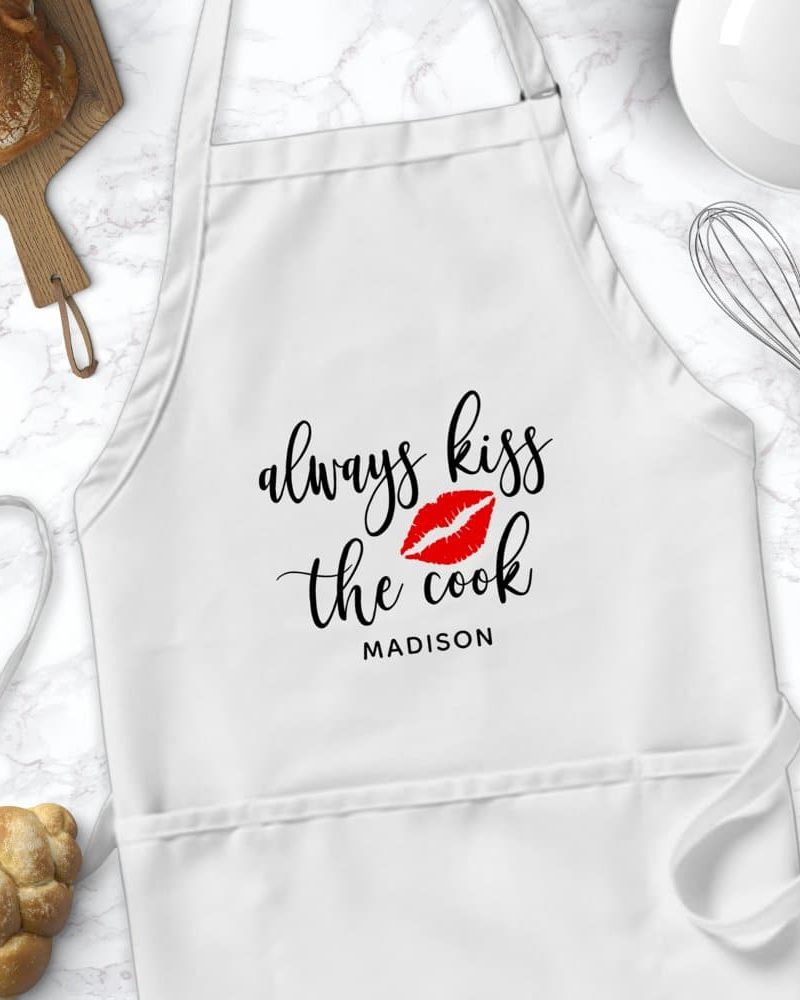 White apron with the text Always Kiss the Cook and a red lip print, personalized with the name Madison.