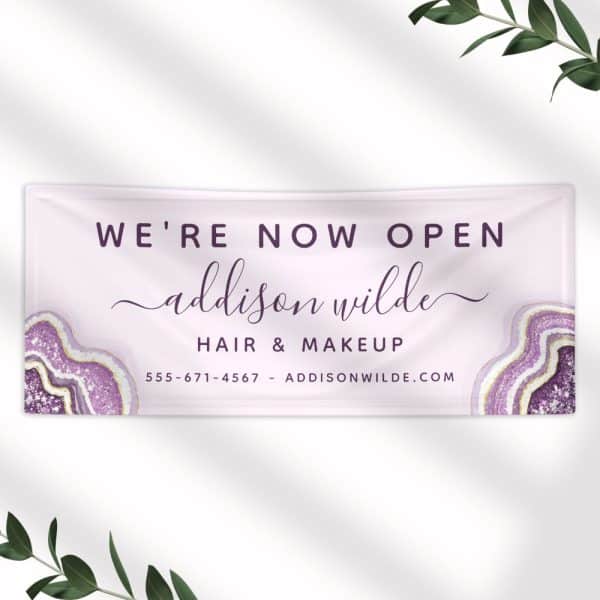 Grand Opening Banner For Addison Wilde Hair &Amp; Makeup. Purple Agate Design.