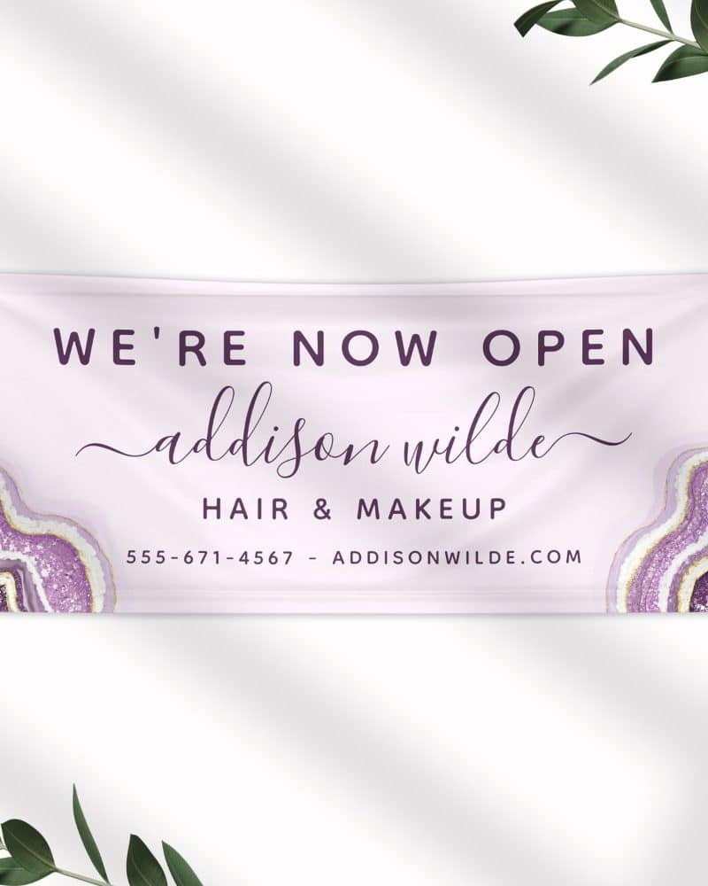 Grand opening banner for Addison Wilde Hair & Makeup. Purple agate design.
