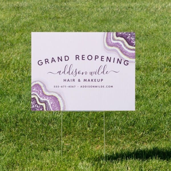 Grand Reopening Sign For Addison Wilde Hair &Amp; Makeup. Purple Agate Design.