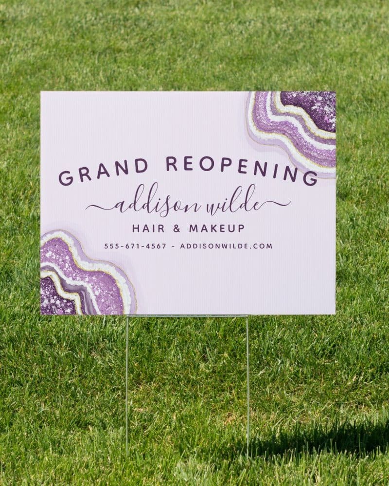Grand reopening sign for Addison Wilde Hair & Makeup. Purple agate design.