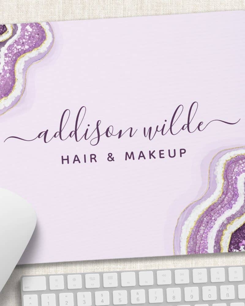 Purple and gold agate design mousepad with Addison Wilde Hair & Makeup text.