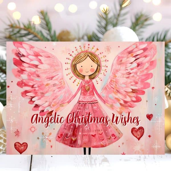 Christmas Card Featuring A Girl Angel With Large Pink Wings.