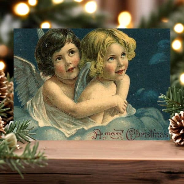 Vintage Christmas Postcard Depicting Two Cherubic Angels Embracing.
