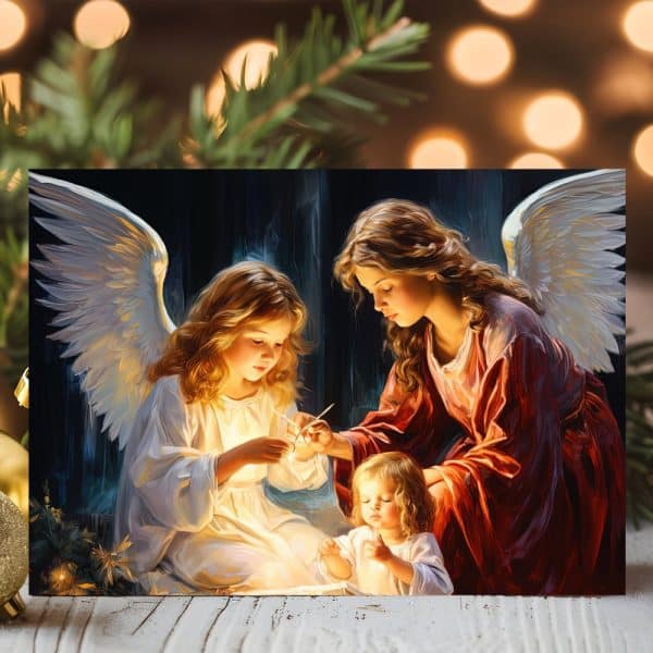 Two Angels And A Child, Glowing Softly, Sharing A Moment.