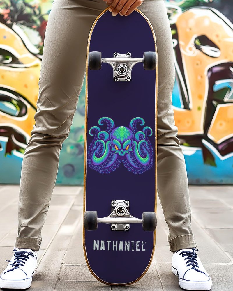 Person holding a skateboard with a purple octopus skull graphic.
