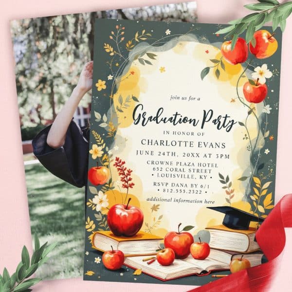 Graduation Party Invitation For Charlotte Evans, Featuring Apples, Books, And A Graduation Cap.