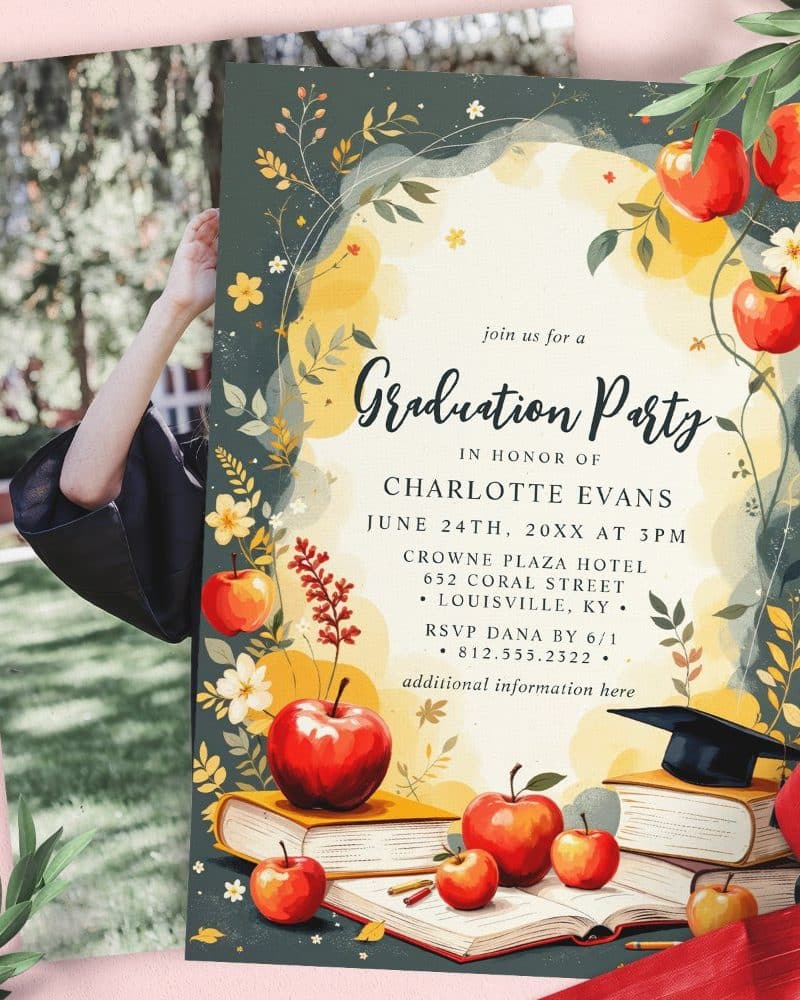 Graduation party invitation for Charlotte Evans, featuring apples, books, and a graduation cap.