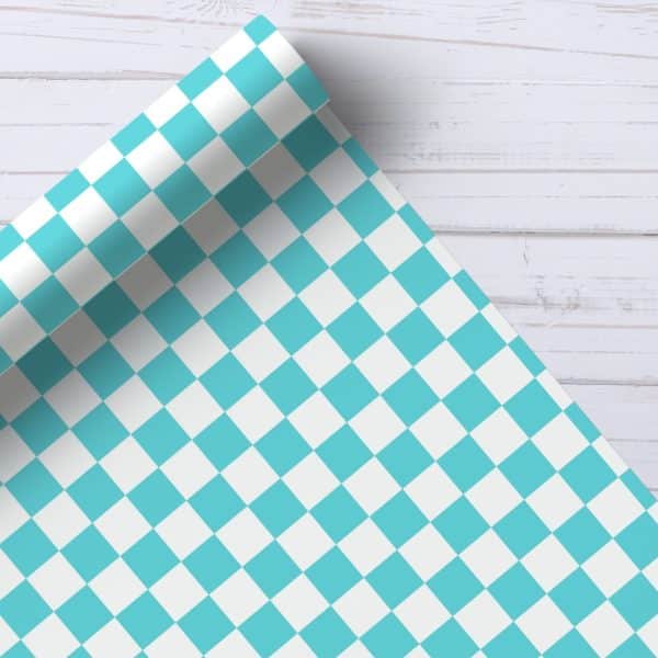 Roll Of Teal And White Checkered Wrapping Paper.