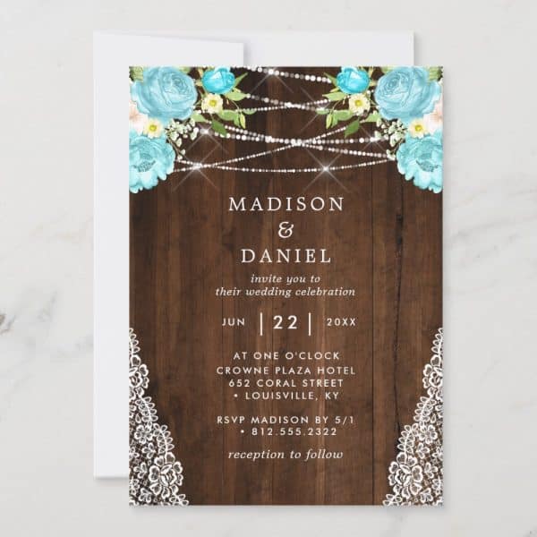 Rustic Wedding Invitation With Light Blue Flowers, String Lights, And White Lace Accents.