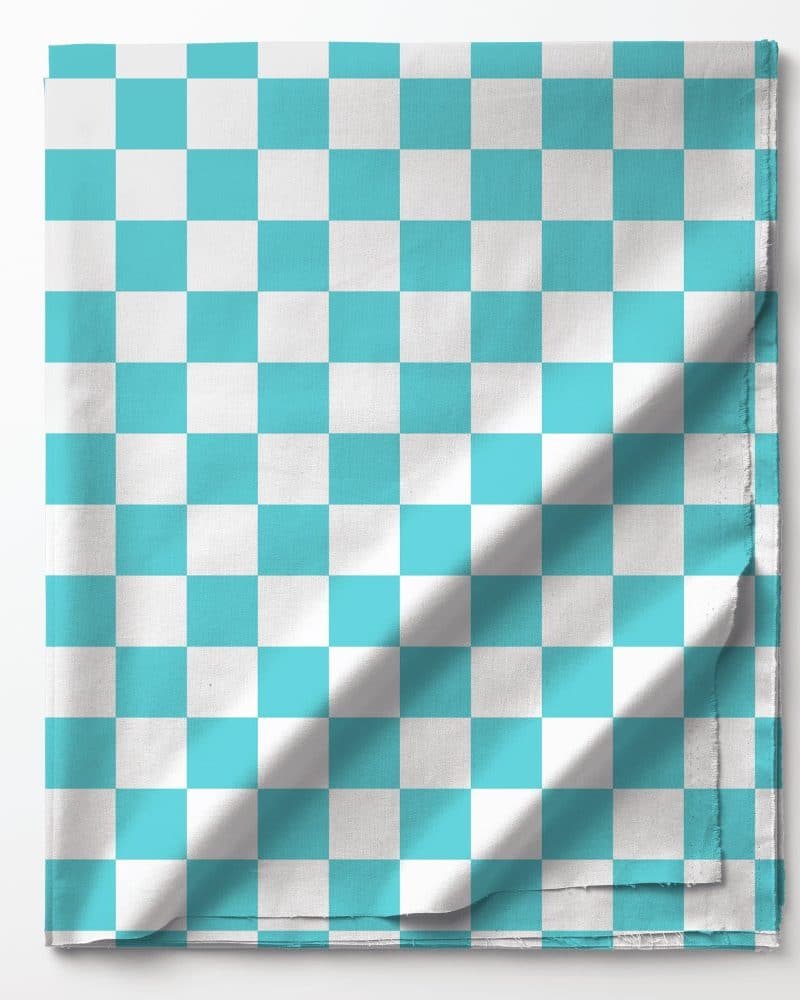 Aqua blue and white checkered fabric.