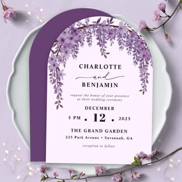 Wedding Invitation For Charlotte And Benjamin, December 12, 2025, At The Grand Garden In Savannah, Georgia. Purple Wisteria Flowers Adorn The Arched Design.