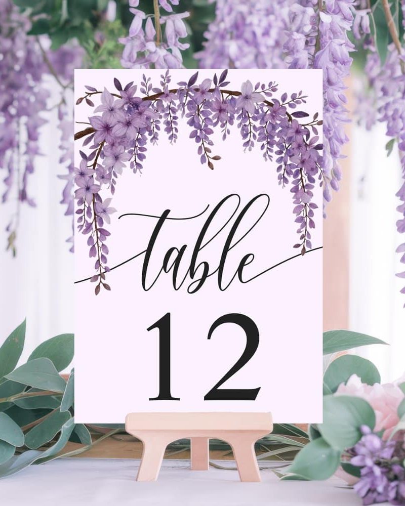Arched Wisteria Branch Floral Garden Wedding Table Number