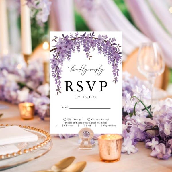 Purple Floral Rsvp Card With A Request To Reply By October 1, 2024.
