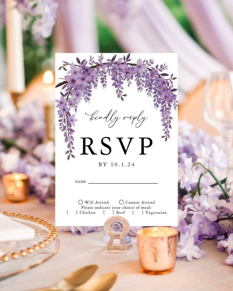 Purple floral RSVP card with a request to reply by October 1, 2024.
