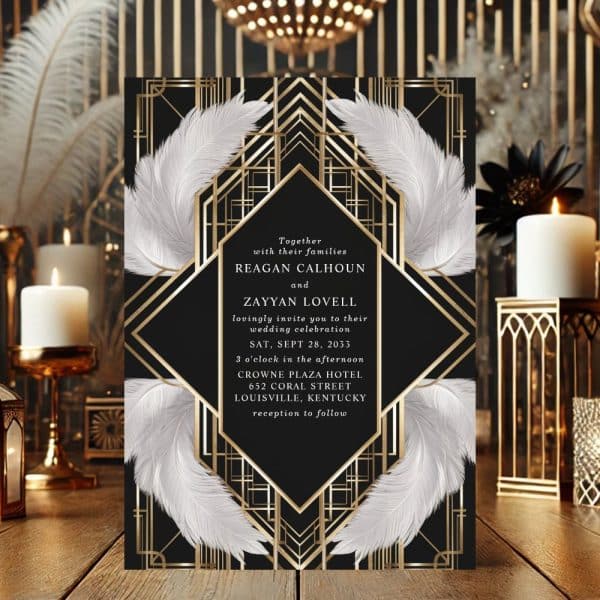 Art Deco Wedding Invitation With Gold Geometric Design And White Feathers On A Black Background.