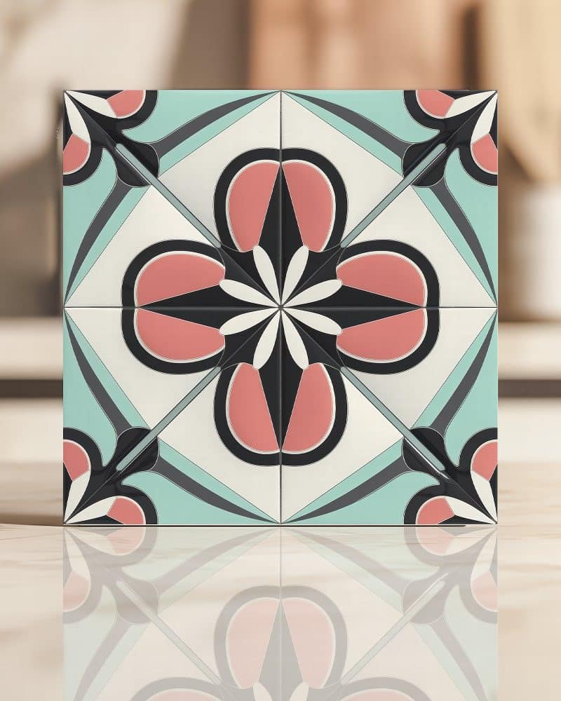 Single square tile with a coral, black, and white floral design on a teal background.