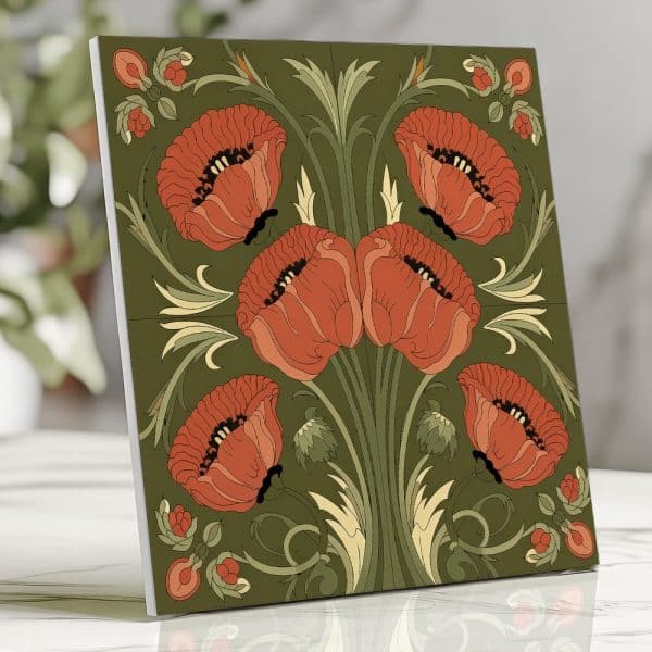 Tile Featuring An Art Nouveau Design Of Orange Poppies On A Dark Green Background.