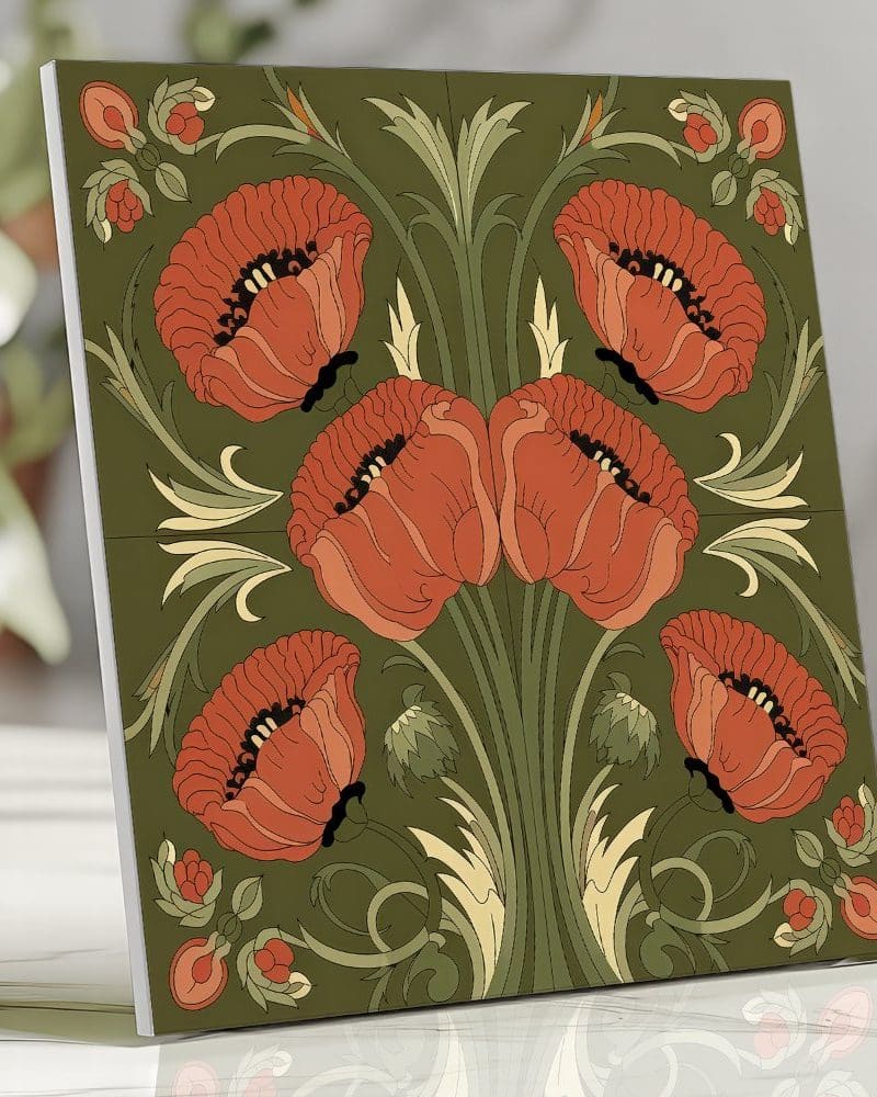 Tile featuring an Art Nouveau design of orange poppies on a dark green background.