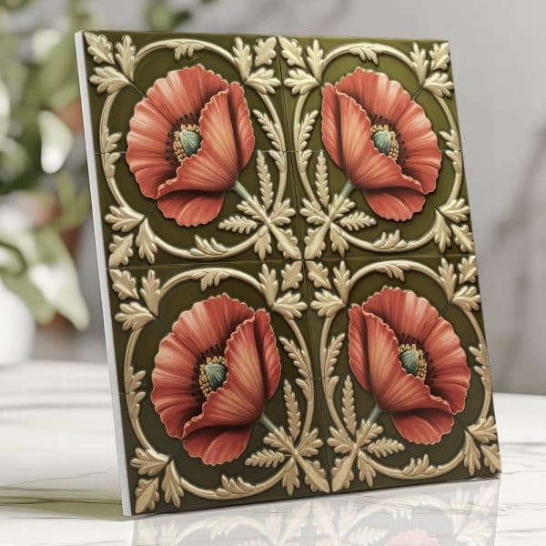 Four Red Poppies On A Dark Green Tile Background With Gold Accents.