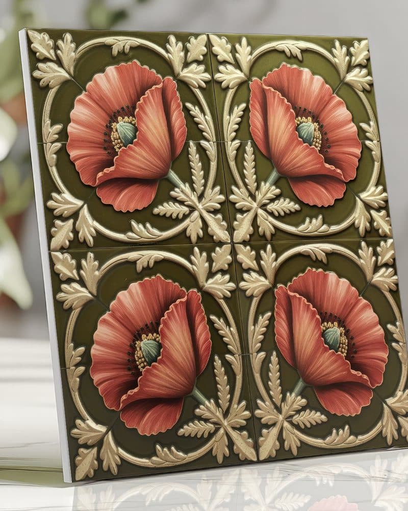 Four red poppies on a dark green tile background with gold accents.