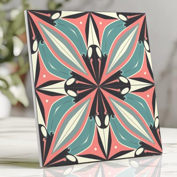 Square Tile With Teal, Coral, And Black Abstract Floral Design.