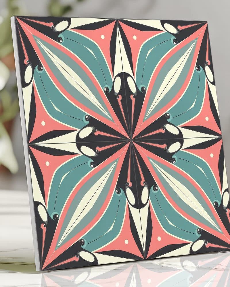 Square tile with teal, coral, and black abstract floral design.