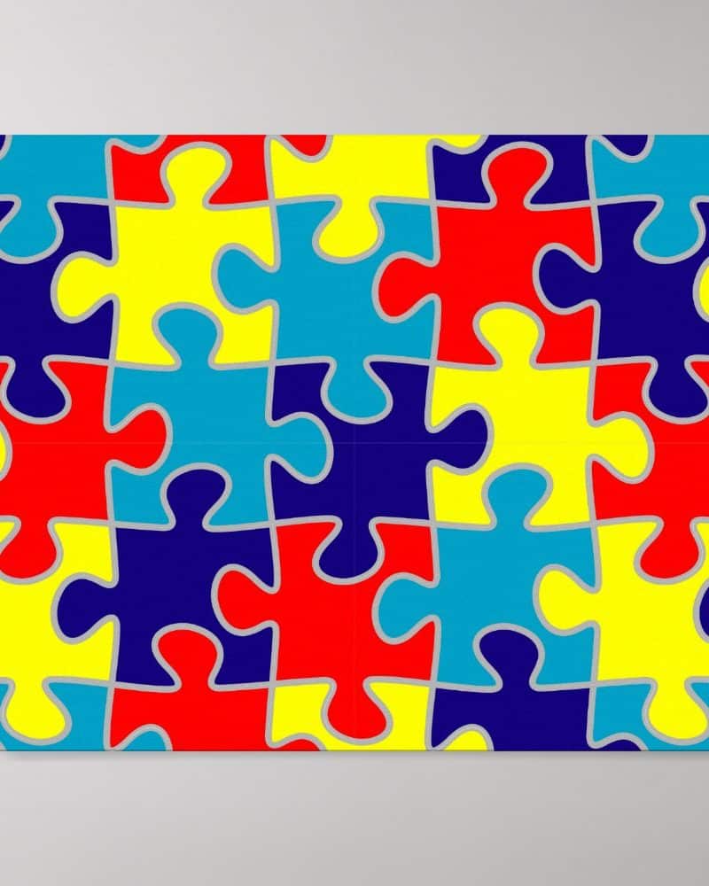 Interlocking puzzle pieces in red, blue, yellow, and teal.
