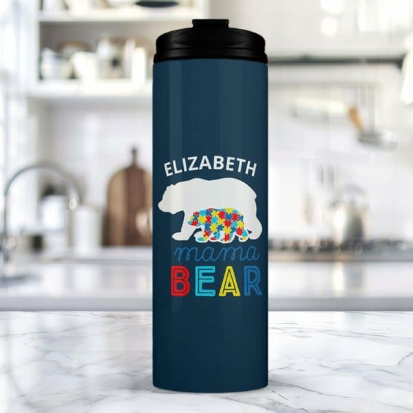 Dark Blue Travel Mug With The Name Elizabeth, Two Bears, And Mama Bear In Colorful Text. One Bear Is Made Of Puzzle Pieces.
