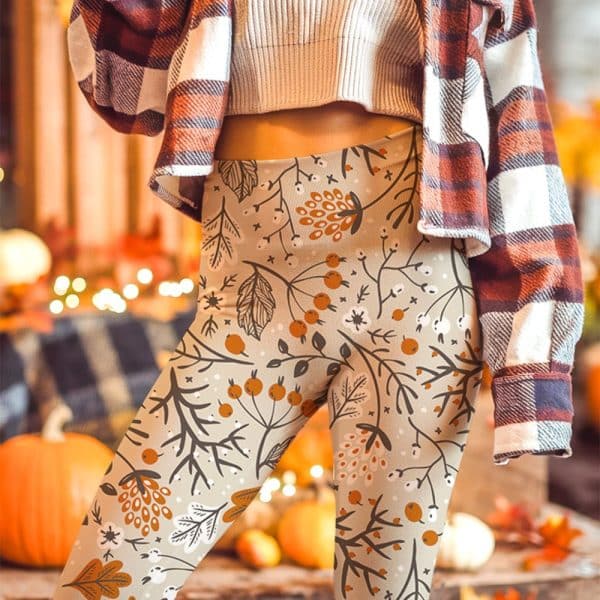 Beige Leggings With An Autumnal Floral Pattern.
