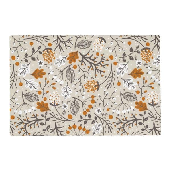 A Beige Background With A Repeating Pattern Of Stylized Autumnal Flowers, Leaves, And Berries In Orange And Gray.