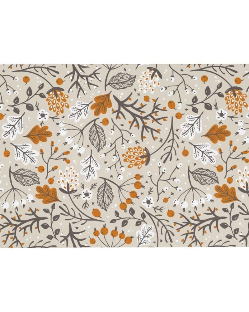 A beige background with a repeating pattern of stylized autumnal flowers, leaves, and berries in orange and gray.