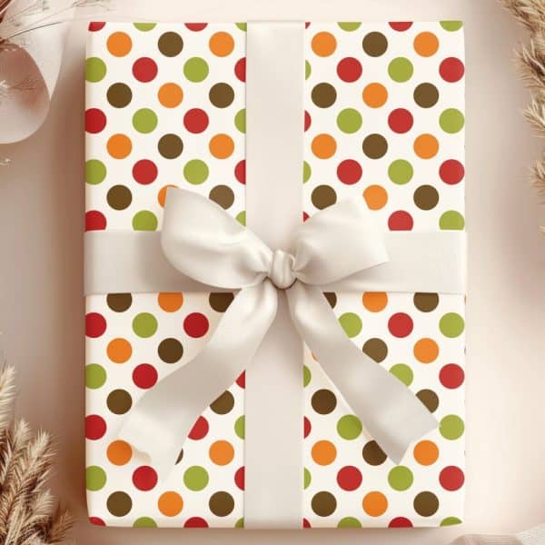 Gift Wrapped In Autumn-Colored Polka Dot Paper With A Cream-Colored Ribbon.